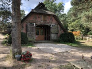 Ein älteres Fachwerkhaus in Handeloh. Link ist ein Baum mit auf dem Bild und unten am Baum stehen Eimer mit roten Blumen drin