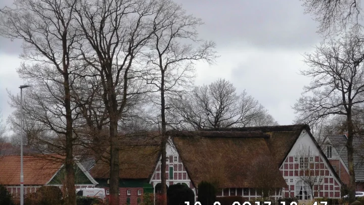 Blick über die Schulstraße auf ein Gehöft am Forth in Himmelpforten im Landkreis Stade
