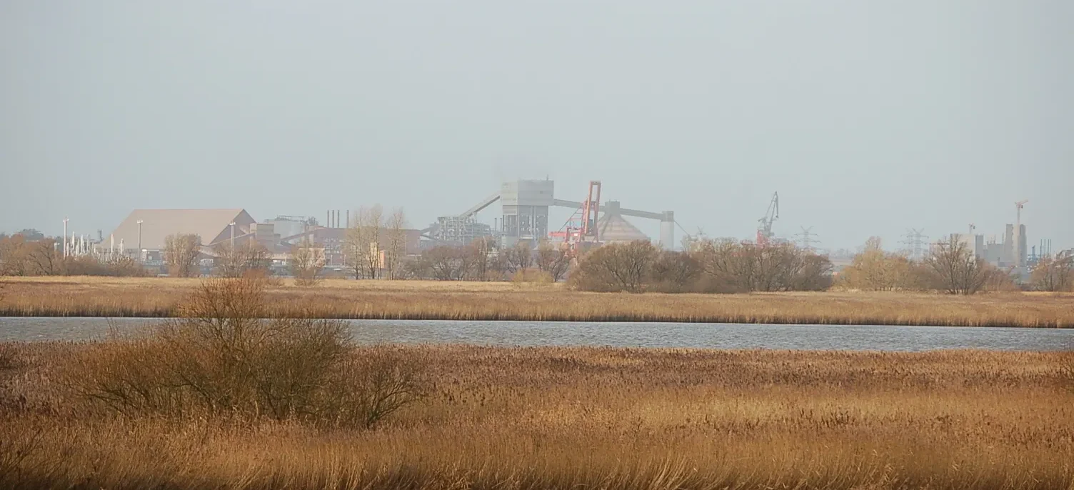 Industriegebiet Bützfleth am Elbufer im Landkreis Stade mit Werksanlagen und Schornsteinen